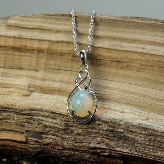 Celtic Knot Natural Ethiopian Opal Pendant Necklace in 925 Silver