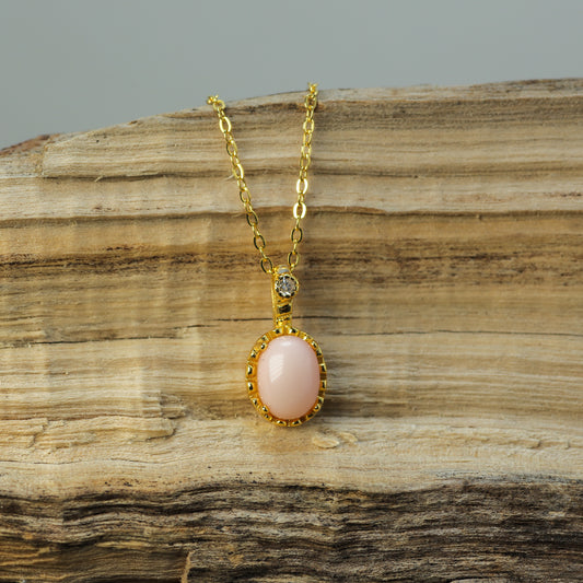Oval Natural Pink Opal Solitaire Pendant Necklace in Gold-Plated 925 Silver