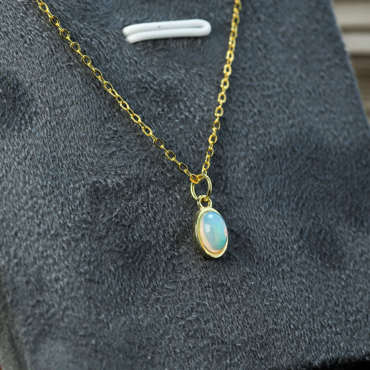Petite Natural Ethiopian Opal Bezel Pendant Necklace in Gold-Plated 925 Silver