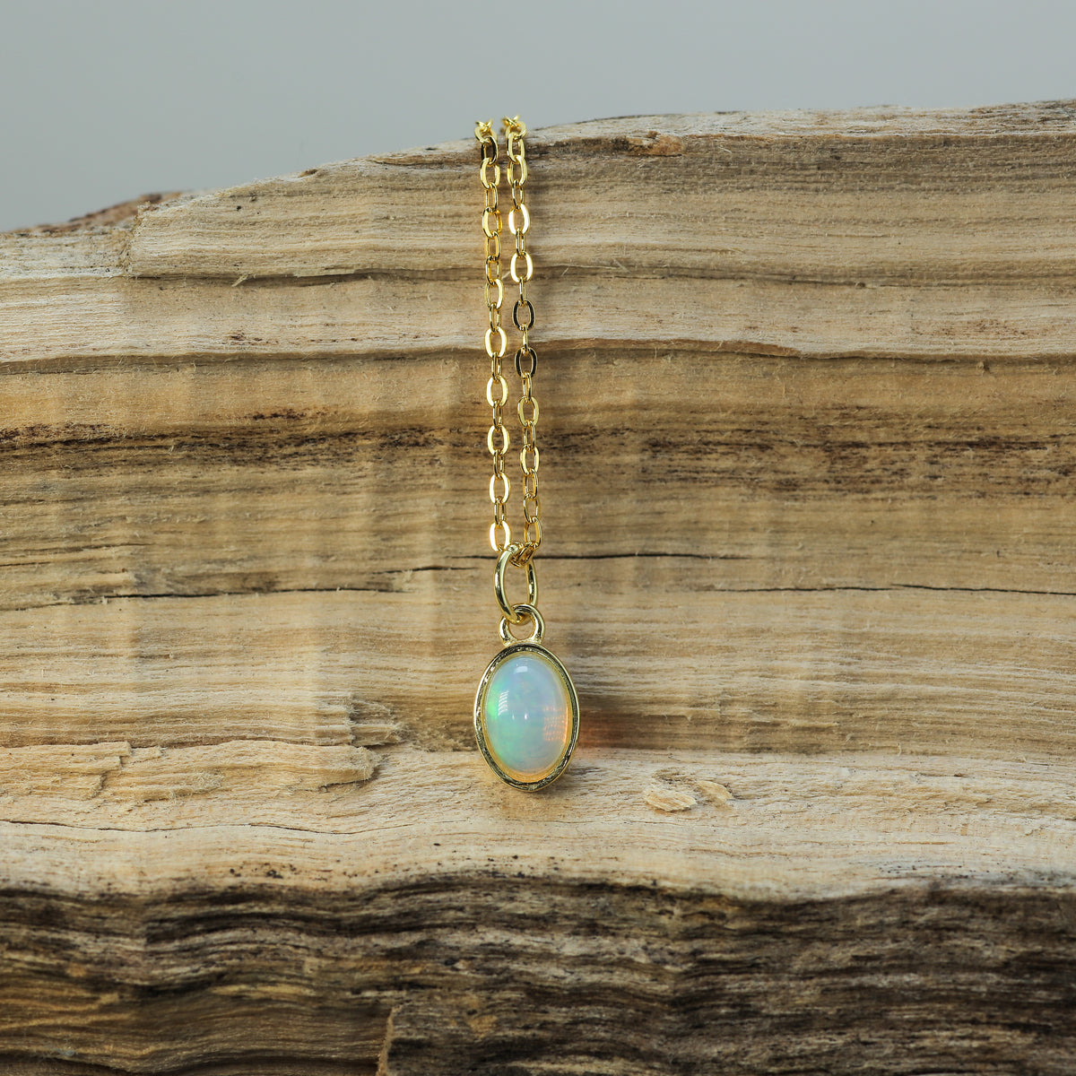 Petite Natural Ethiopian Opal Bezel Pendant Necklace in Gold-Plated 925 Silver