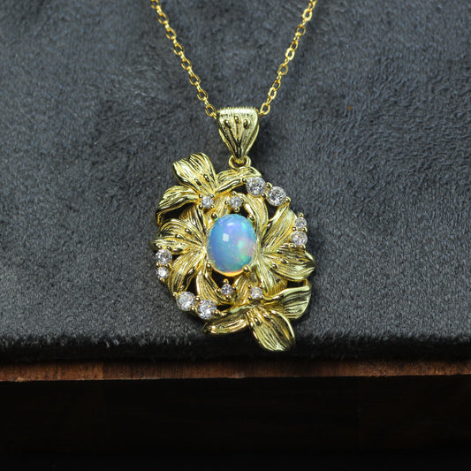 Floral Natural Ethiopian Opal & CZ Statement Pendant Necklace in Gold-Plated 925 Silver