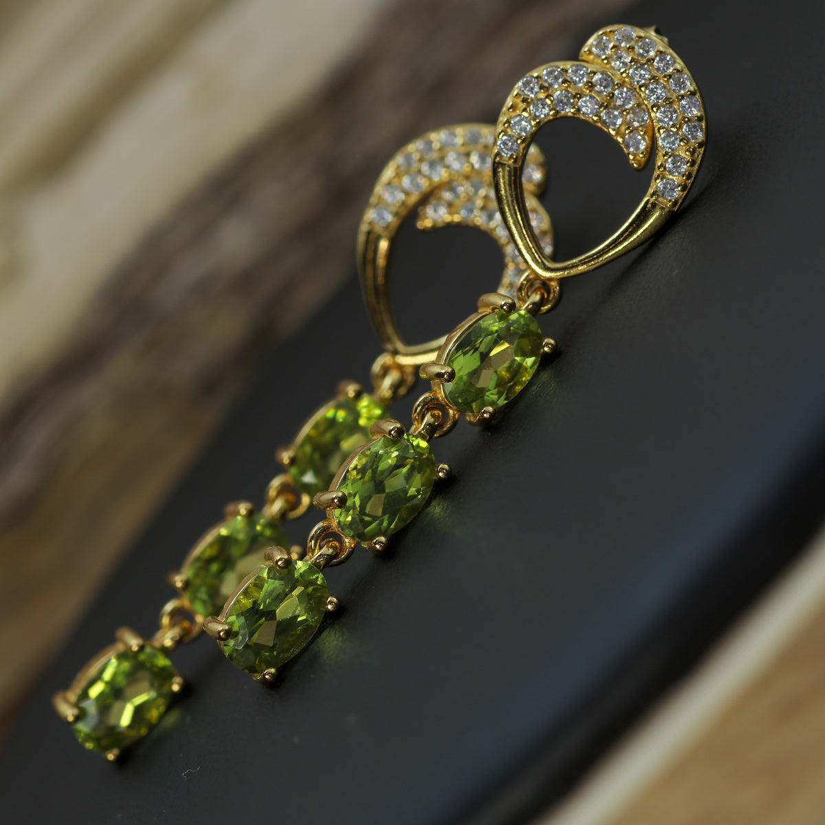 Triple-Drop Natural Peridot & CZ Linear Earrings in Gold-Plated 925 Silver