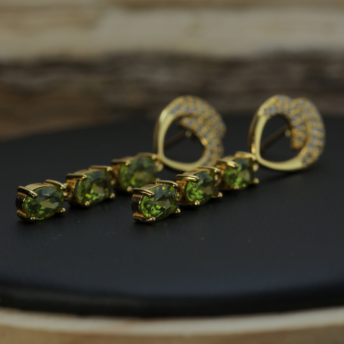 Triple-Drop Natural Peridot & CZ Linear Earrings in Gold-Plated 925 Silver