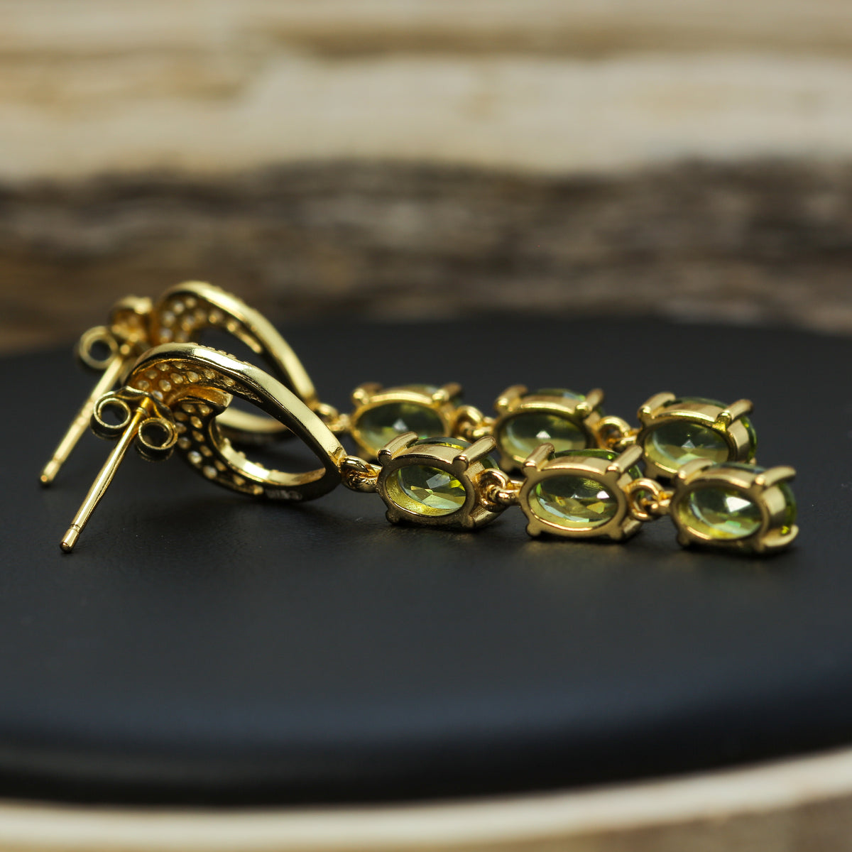 Triple-Drop Natural Peridot & CZ Linear Earrings in Gold-Plated 925 Silver