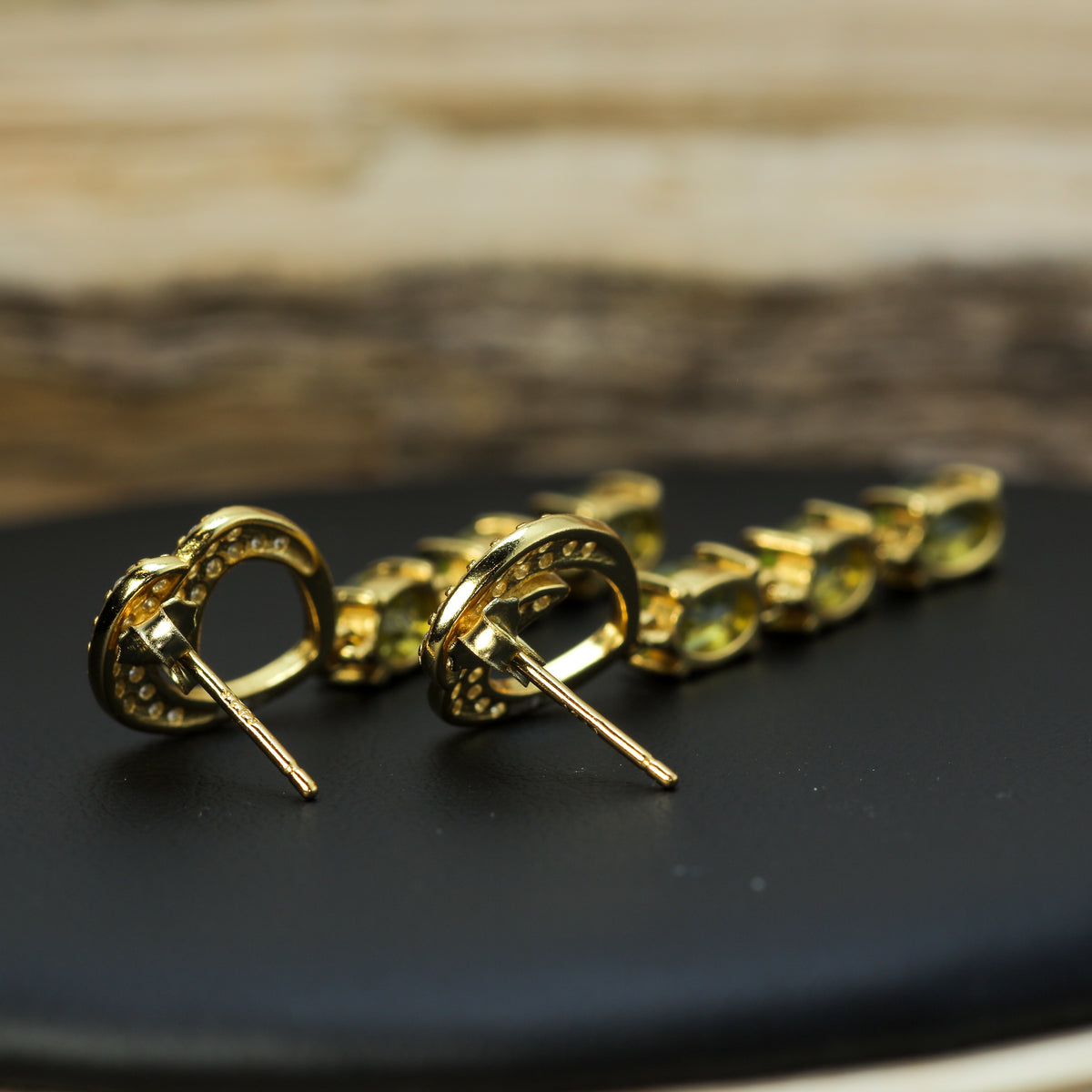 Triple-Drop Natural Peridot & CZ Linear Earrings in Gold-Plated 925 Silver