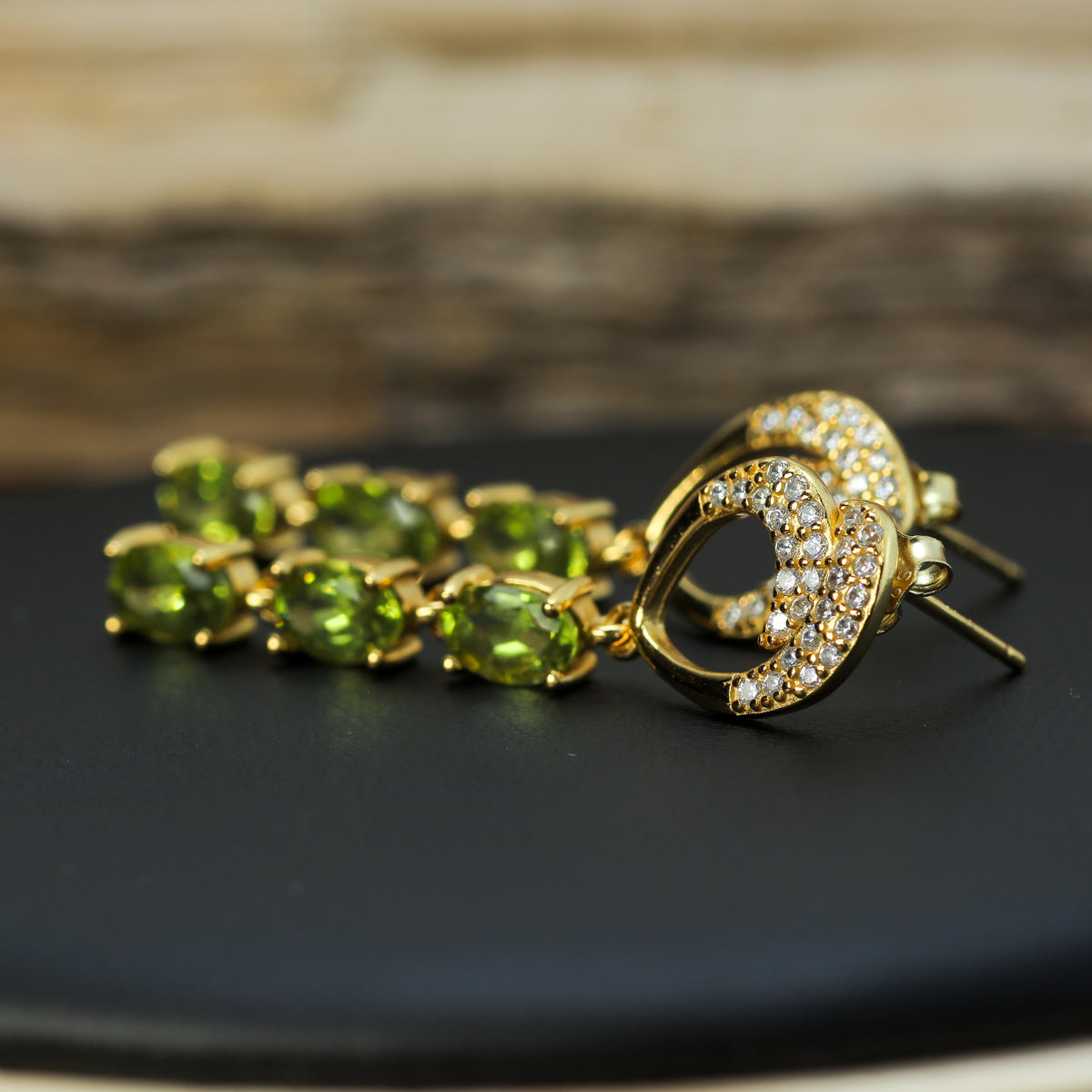 Triple-Drop Natural Peridot & CZ Linear Earrings in Gold-Plated 925 Silver