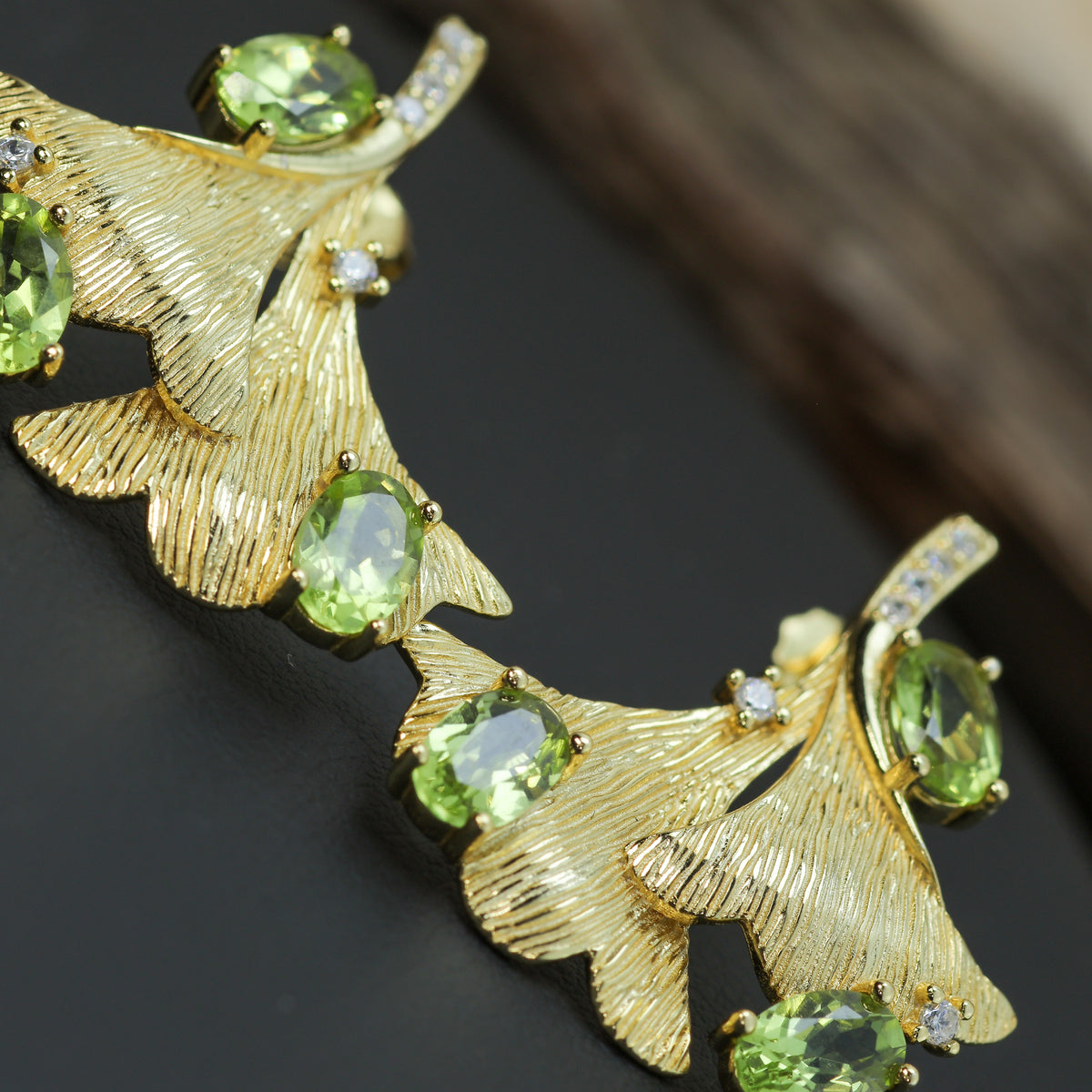 Organic Ginkgo Leaf Natural Peridot Statement Earrings in Gold-Plated 925 Silver