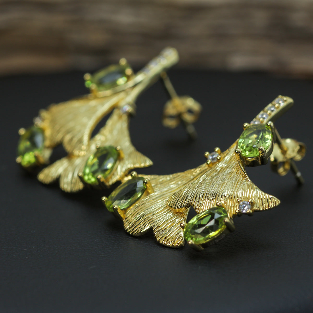 Organic Ginkgo Leaf Natural Peridot Statement Earrings in Gold-Plated 925 Silver