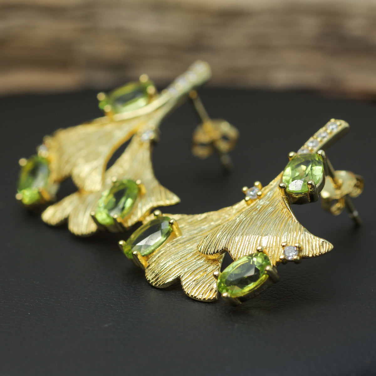 Organic Ginkgo Leaf Natural Peridot Statement Earrings in Gold-Plated 925 Silver