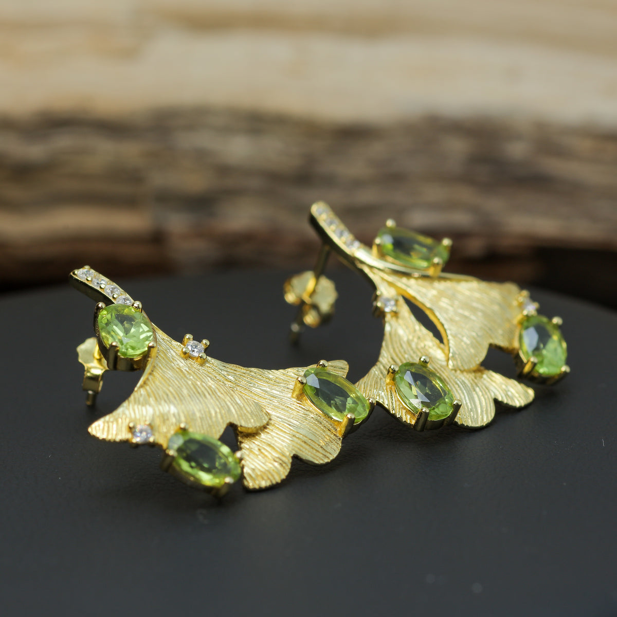 Organic Ginkgo Leaf Natural Peridot Statement Earrings in Gold-Plated 925 Silver