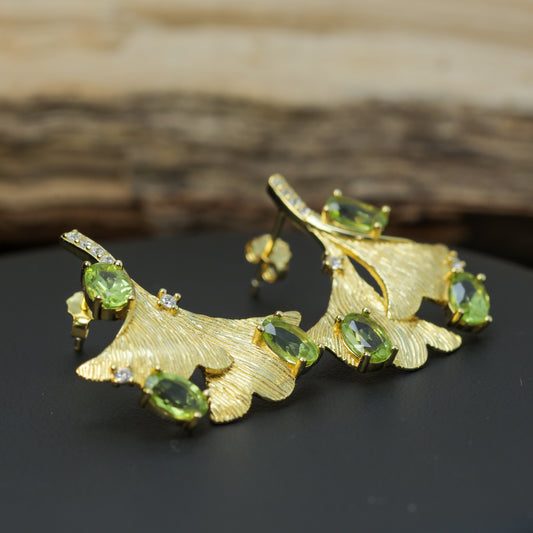 Organic Ginkgo Leaf Natural Peridot Statement Earrings in Gold-Plated 925 Silver