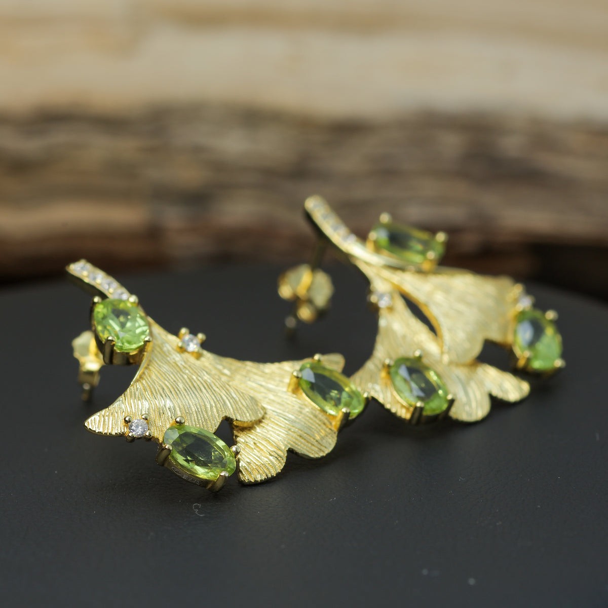 Organic Ginkgo Leaf Natural Peridot Statement Earrings in Gold-Plated 925 Silver