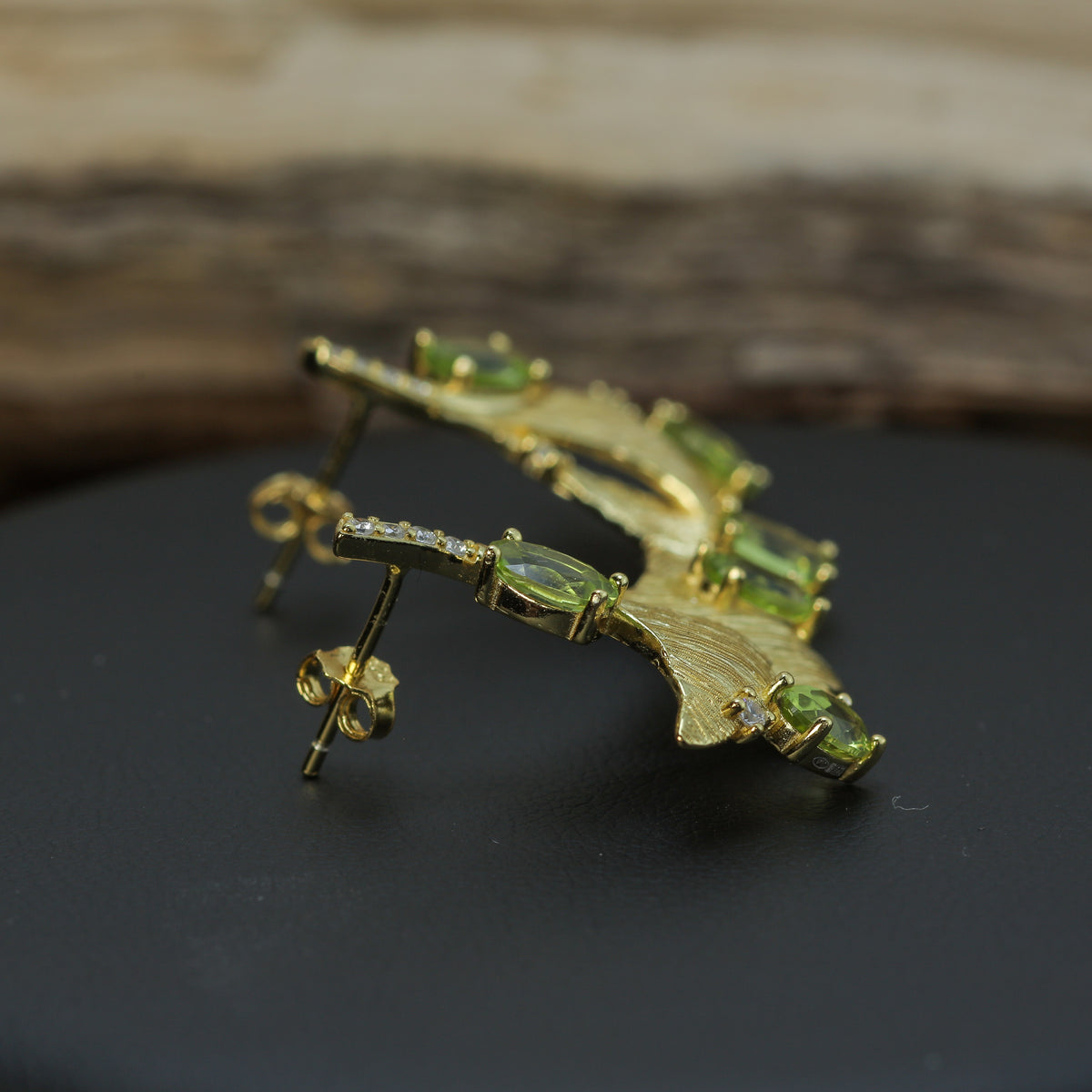 Organic Ginkgo Leaf Natural Peridot Statement Earrings in Gold-Plated 925 Silver