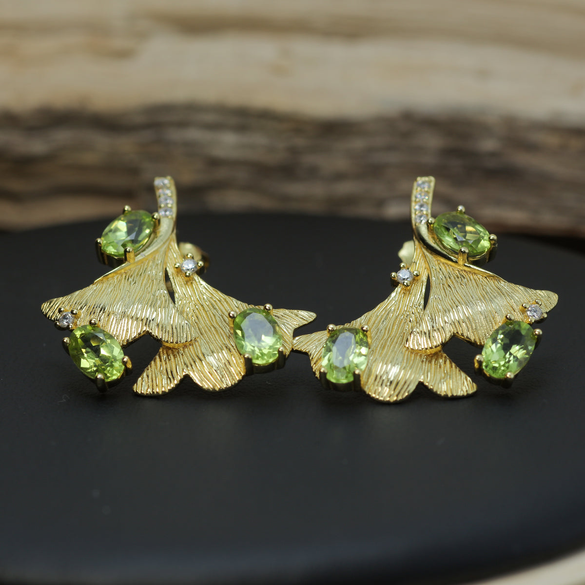 Organic Ginkgo Leaf Natural Peridot Statement Earrings in Gold-Plated 925 Silver